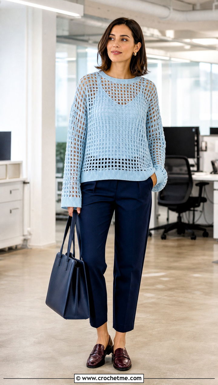 Lattice Fisherman Crochet Sweater With Tailored Work Pants - 25 Fisherman Crochet Sweater outfit ideas