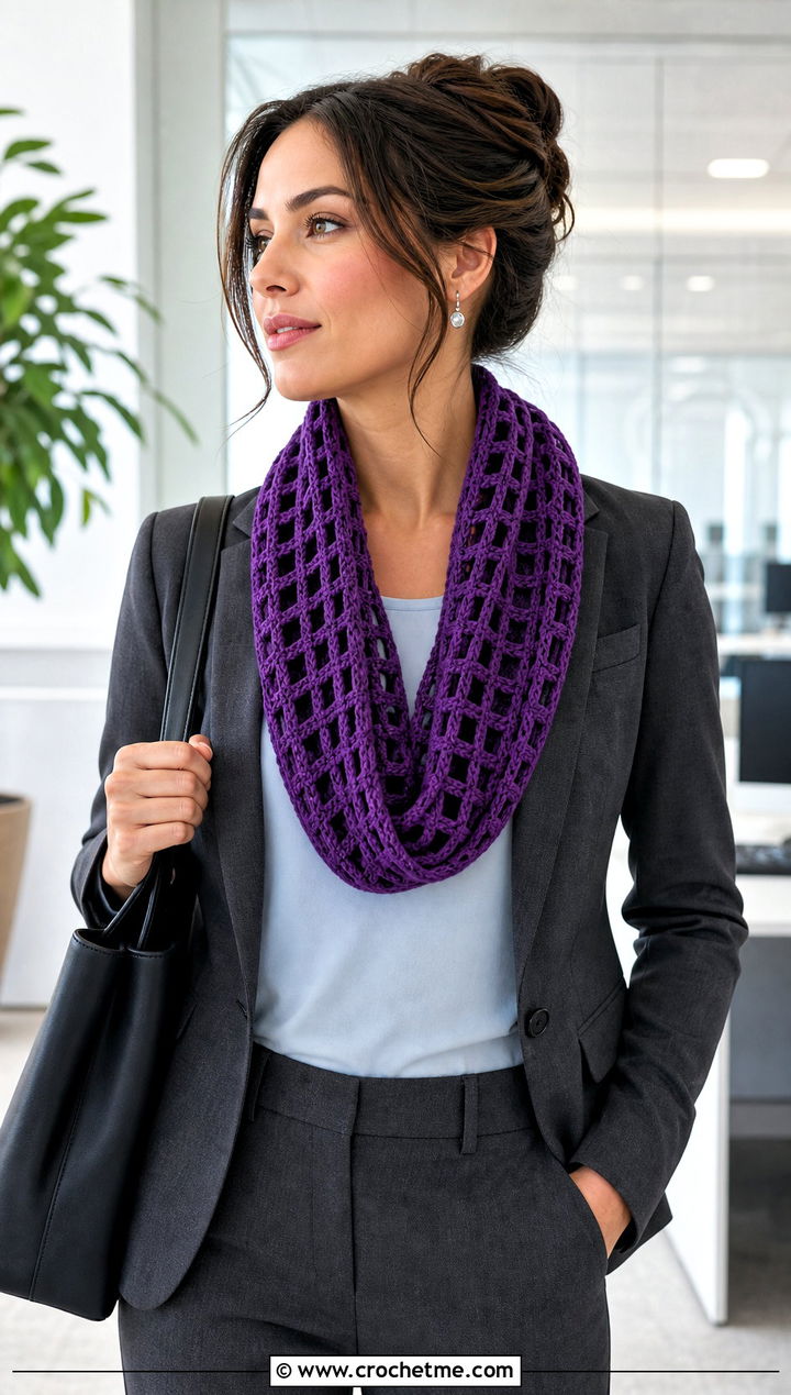 Lattice Lace Infinity Scarf With Tailored Suit - 20 Lacy Crochet Infinity Scarf outfit ideas