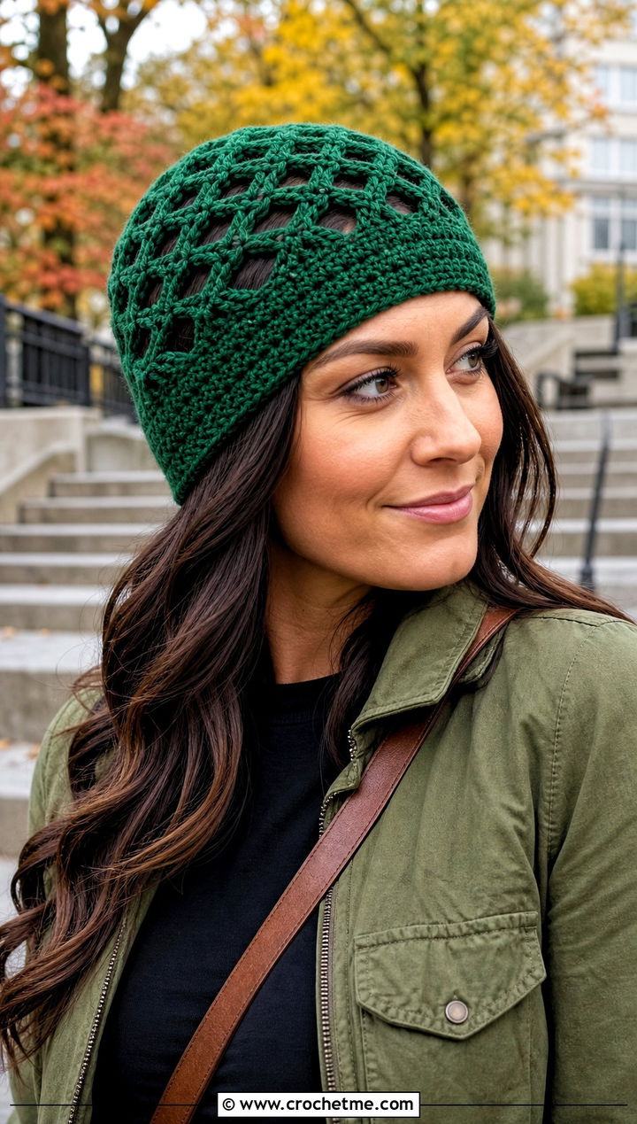 Lattice Stitch Beanie With Utility Jacket And Black Jeans - 30 crochet stitch hat outfit ideas