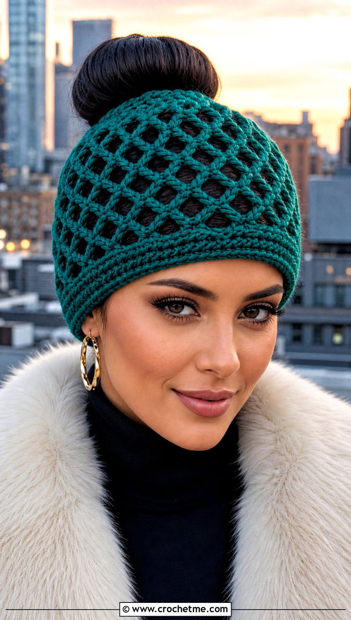 Lattice Stitch Bun Beanie With Faux Fur Jacket - 15 bun crochet hat outfit ideas