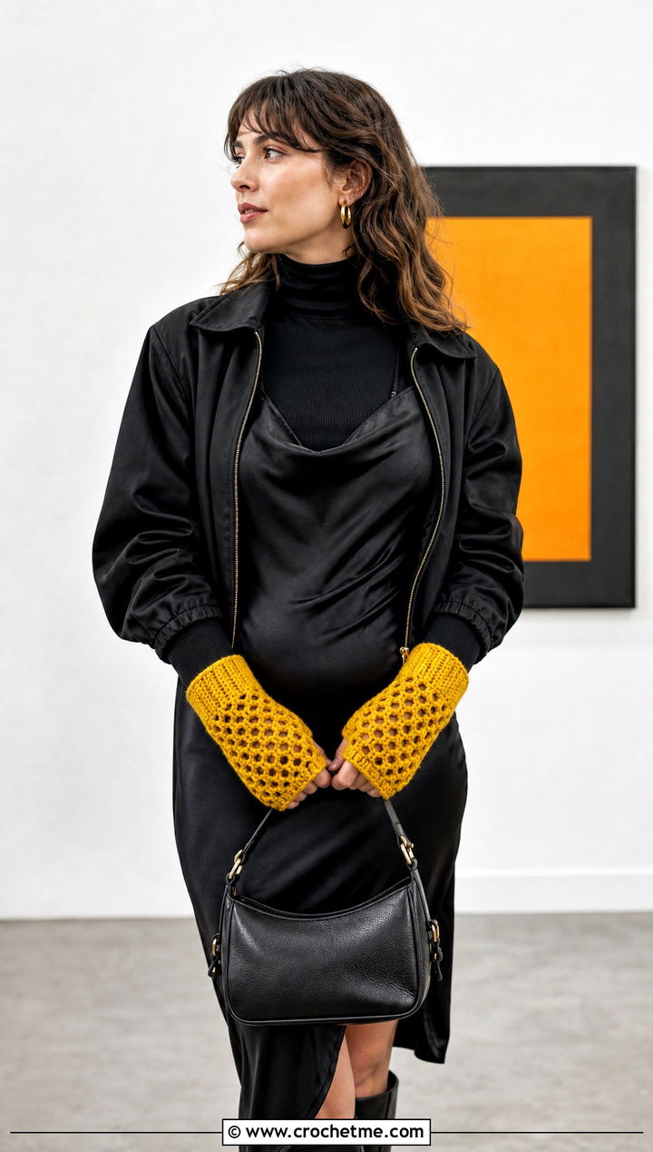 Lattice Stitch Chunky Crochet Fingerless Gloves With Slip Dress - 30 chunky yarn crochet fingerless gloves outfit ideas