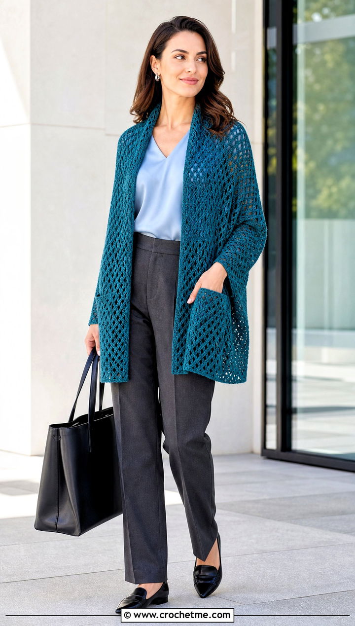 Lattice Stitch Pocket Shawl With Tailored Trousers - 15 Tunisian Crochet Pocket Shawl outfit ideas