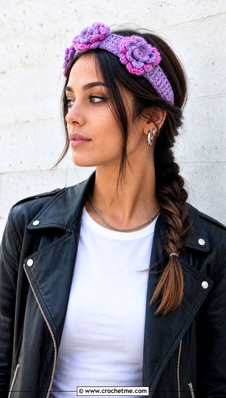 Lavender Braided Flower Headband With Leather Jacket - 15 lavender crochet flower headband outfit ideas