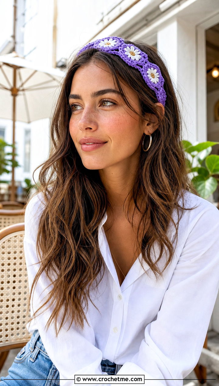 Lavender Daisy Chain Headband With White Shirt And Jeans - 15 lavender crochet flower headband outfit ideas