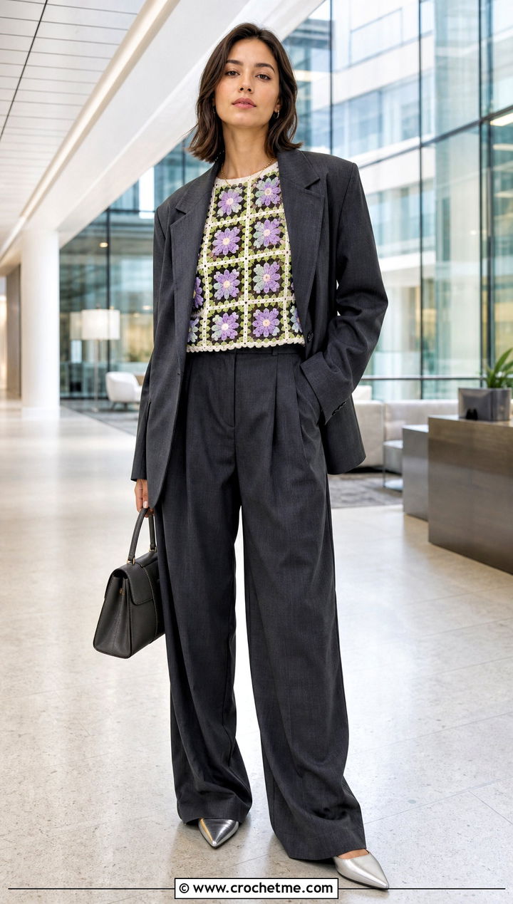 Lavender Flower Granny Square Sweater With Gray Suiting - 30 flower granny square sweater outfit ideas