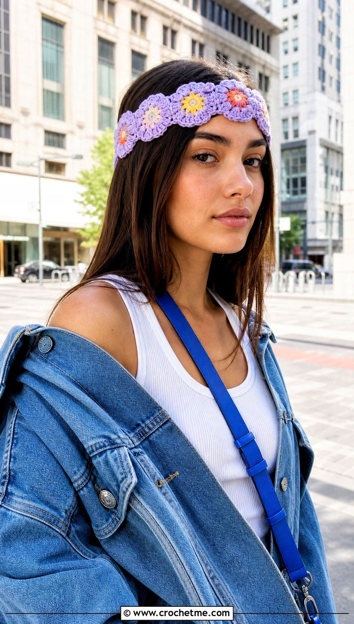 Lavender Granny Square Flower Headband With Denim Jacket - 15 lavender crochet flower headband outfit ideas