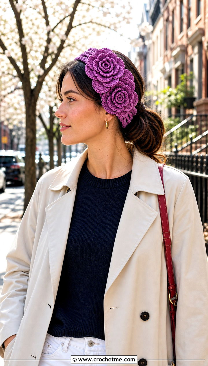 Lavender Layered Rose Headband With Trench Coat - 15 lavender crochet flower headband outfit ideas