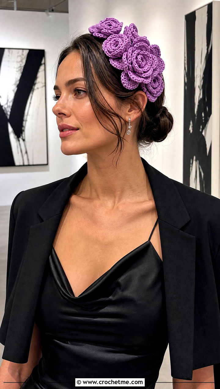 Lavender Rose Cluster Headband With Black Slip Dress - 15 lavender crochet flower headband outfit ideas