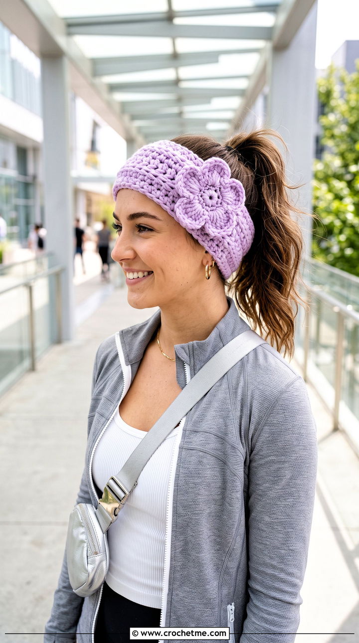 Lavender Single Bloom Headband With Athleisure Set - 15 lavender crochet flower headband outfit ideas