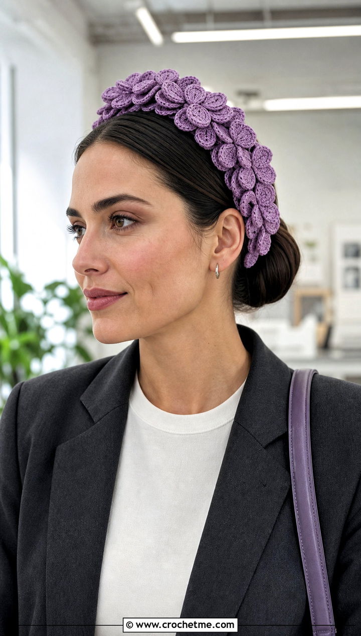 Lavender Three Dimensional Petal Headband With Tailored Suit - 15 lavender crochet flower headband outfit ideas