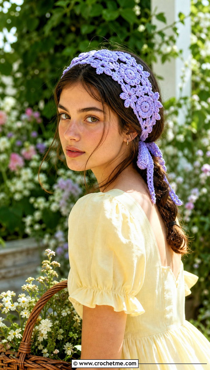 Lavender Tie Back Flower Headband With Cottagecore Dress - 15 lavender crochet flower headband outfit ideas