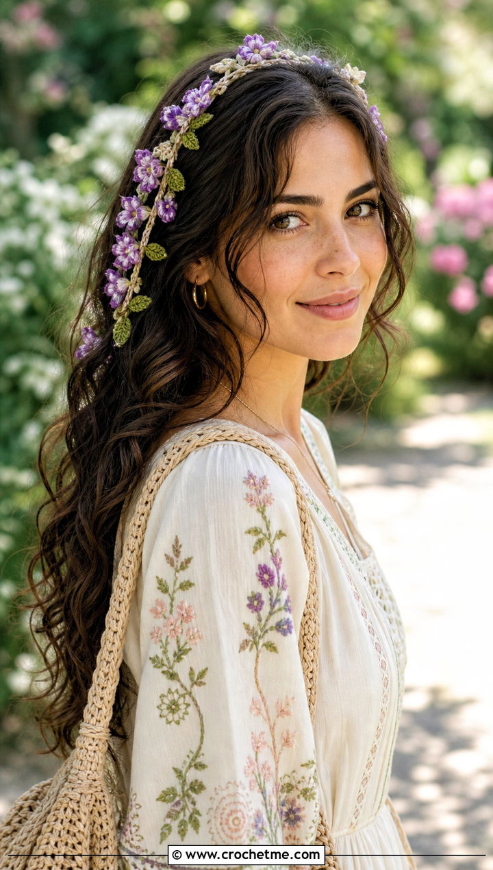 Lavender Vine Flower Headband With Boho Maxi Dress - 15 lavender crochet flower headband outfit ideas