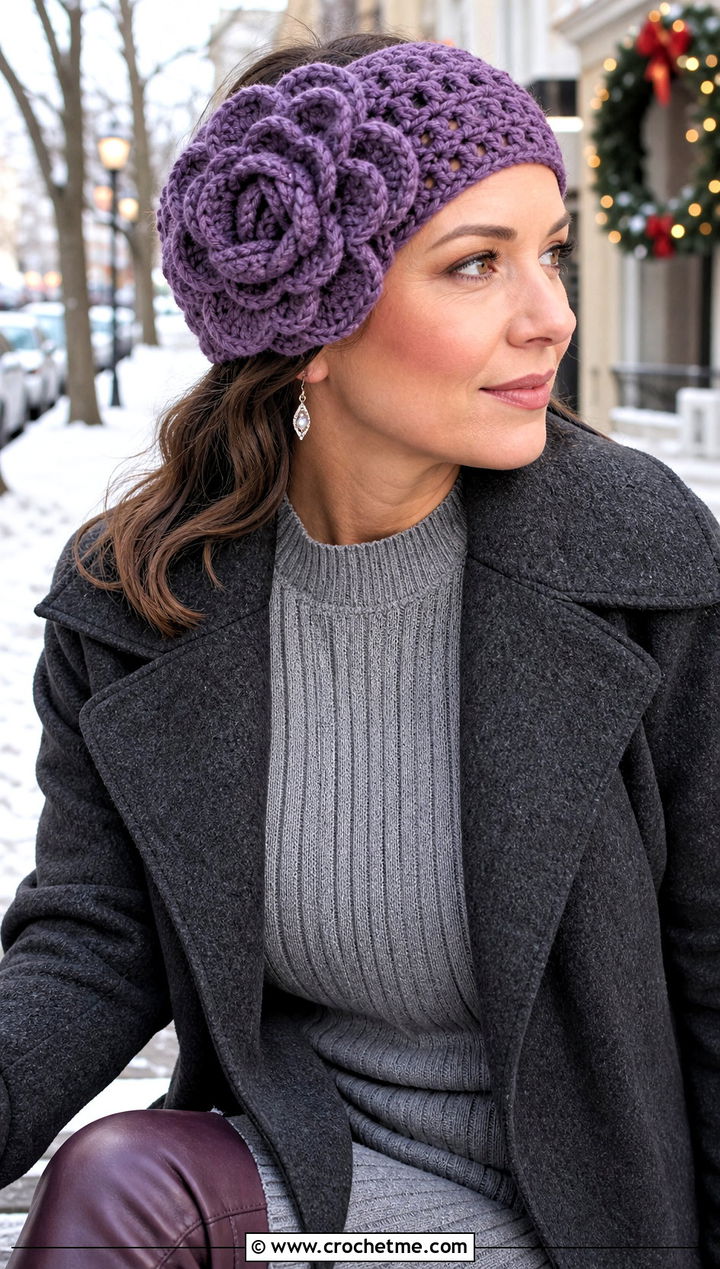 Lavender Wide Flower Headband With Knit Dress And Boots - 15 lavender crochet flower headband outfit ideas