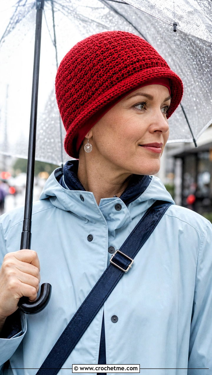 Layered Crochet Chemo Cloche With Raincoat - 30 crochet chemo hat outfit ideas