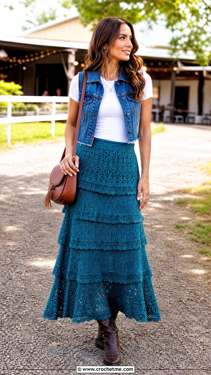 Layered Crochet Maxi Skirt With Cropped Denim Vest - 35 crochet flowy skirt outfit ideas
