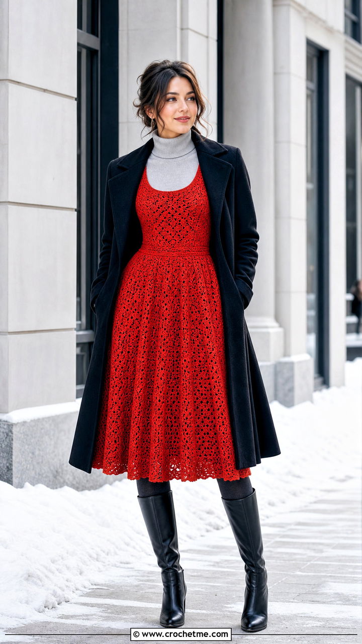 Layered Crochet Princess Dress With Turtleneck And Boots - 35 crochet princess dress outfit ideas