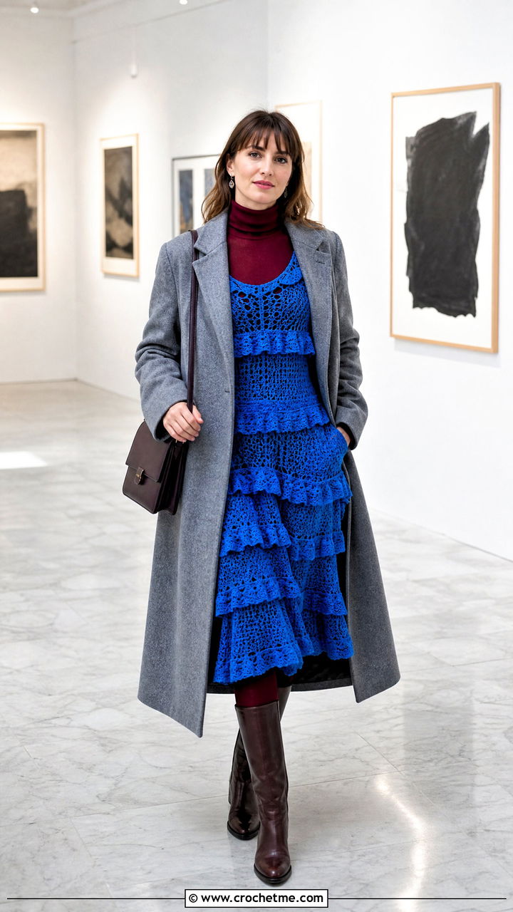 Layered Crochet Ruffle Dress With Turtleneck And Boots - 35 crochet ruffle dress outfit ideas