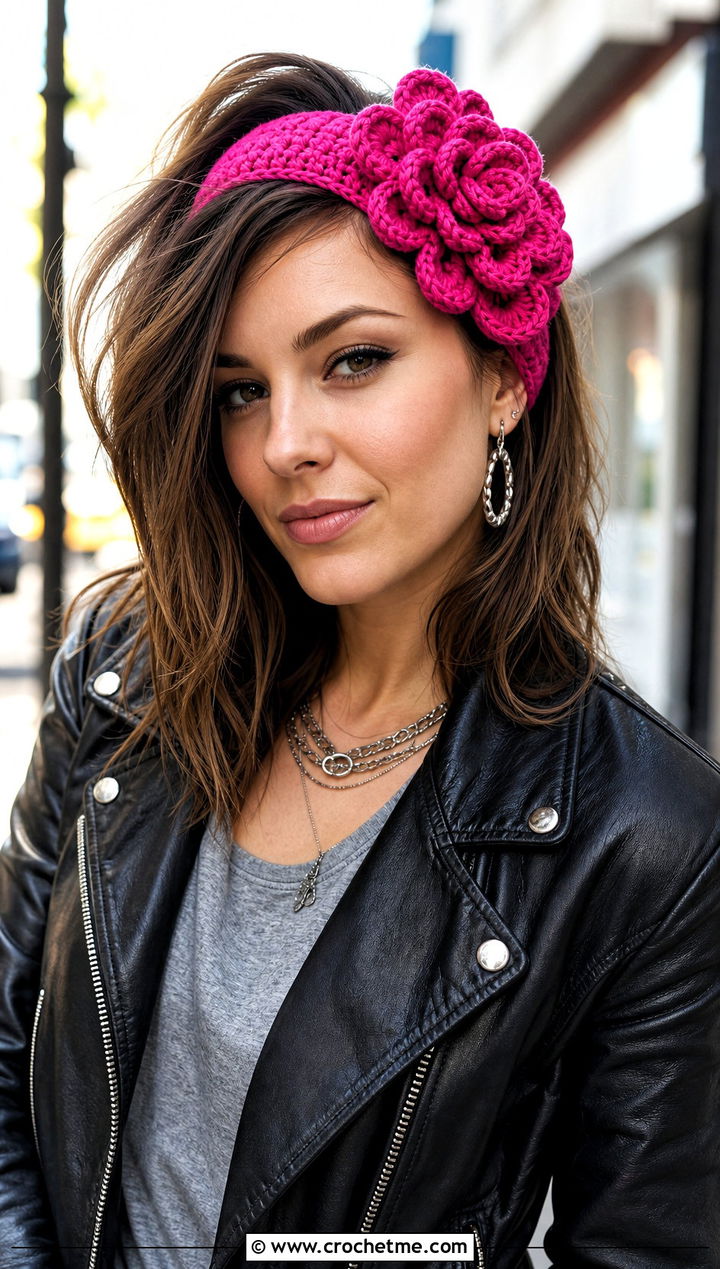 Layered Dahlia Crochet Headband With Leather Jacket - 15 crochet headband with flower decoration outfit ideas