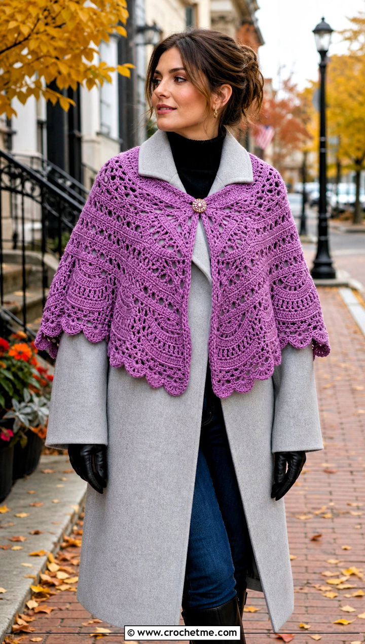 Layered Fall River Crochet Shawl With an Oversized Coat - 25 Fall River Crochet Shawl outfit ideas
