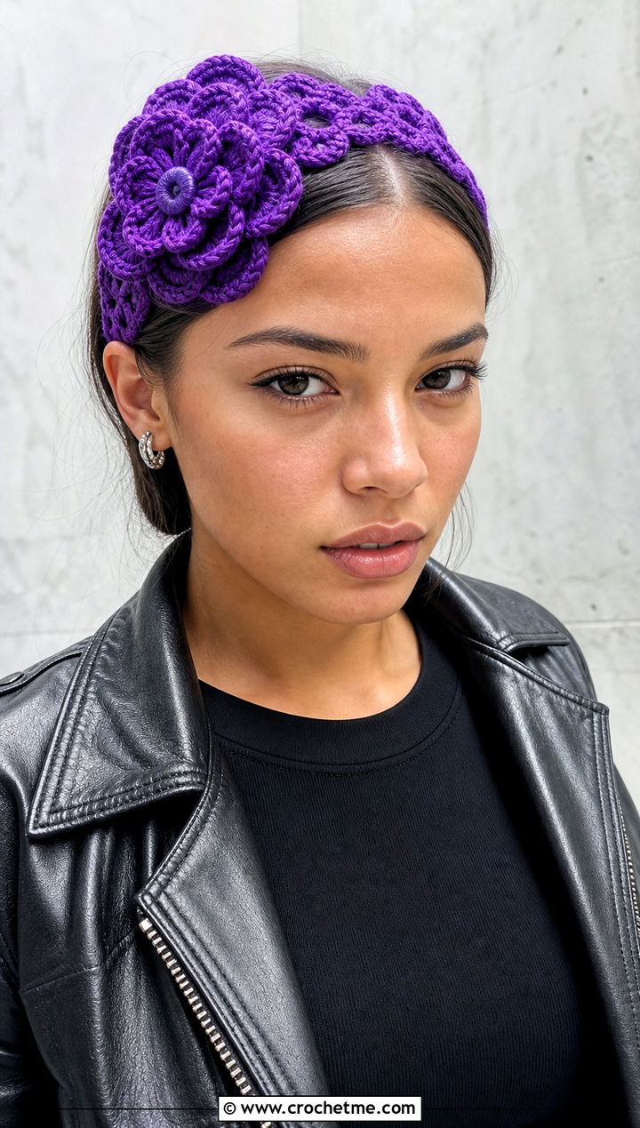 Layered Flower Crochet Headband Set With Leather Jacket - 15 crochet flower and headband set outfit ideas