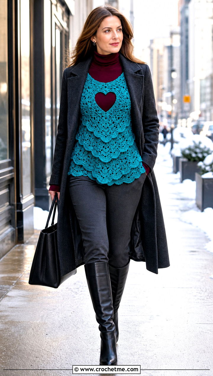 Layered Heart Cutout Crochet Tunic Top With Slim Pants - 30 heart cutout crochet top outfit ideas