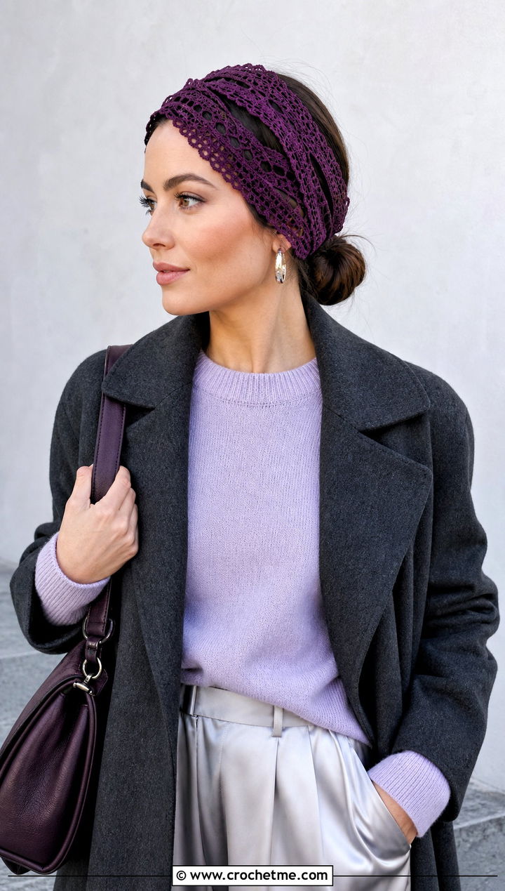 Layered Lace Crochet Headband With Coat And Satin Pants - 30 lace crochet headband outfit ideas