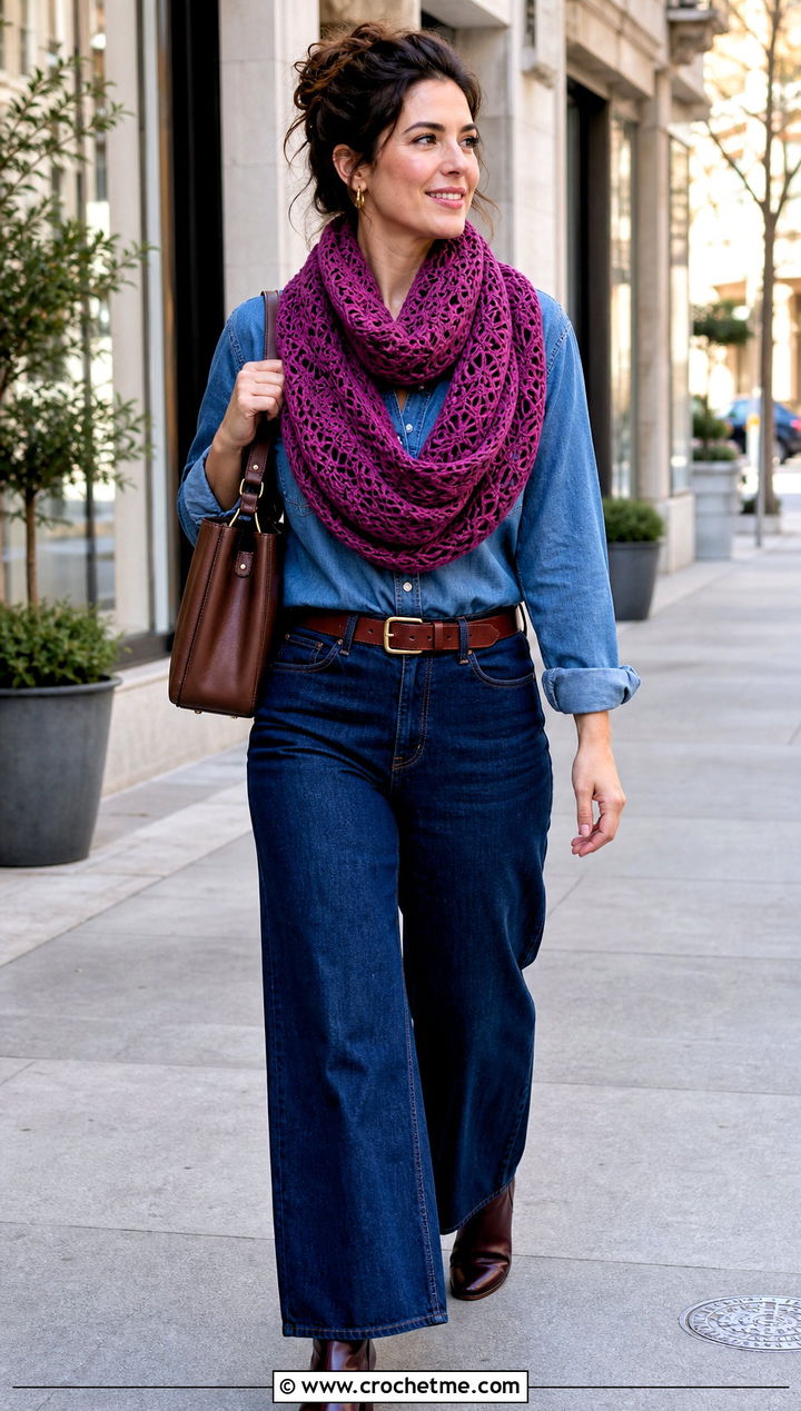 Layered Loop Bellflower Infinity Crochet Scarf With Denim Shirt - 15 bellflower infinity crochet scarf outfit ideas
