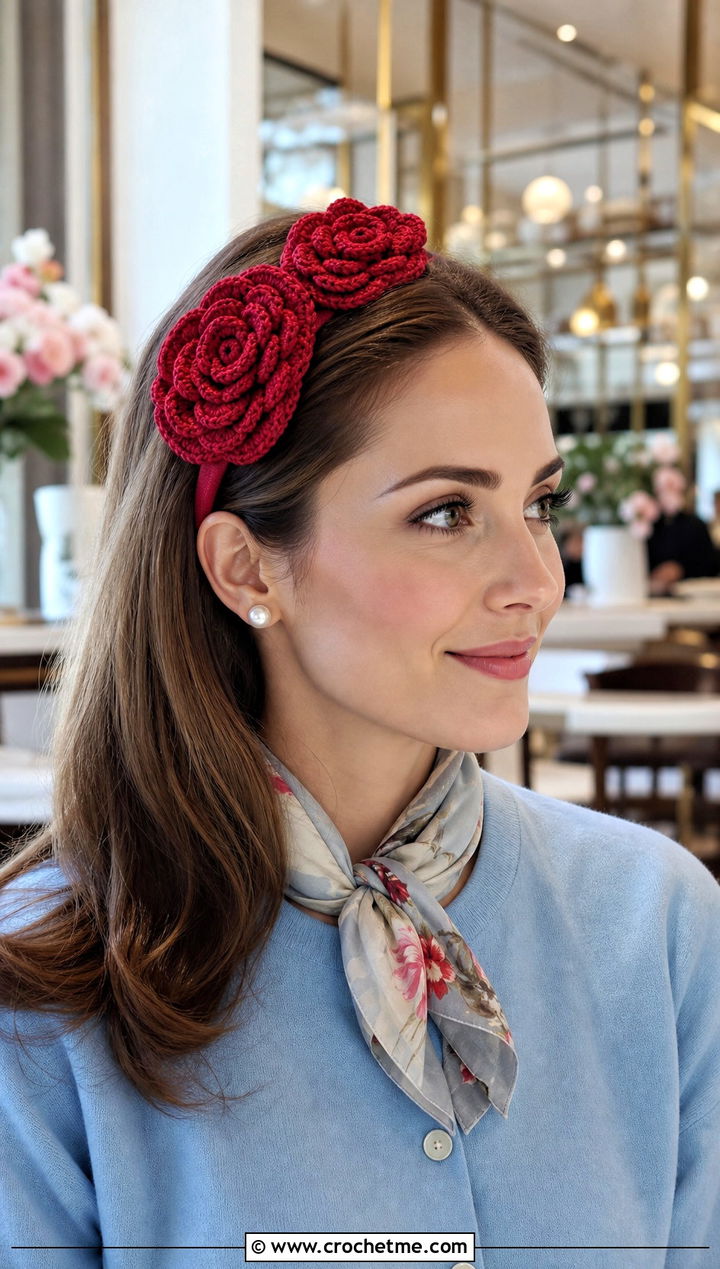 Layered Rose Headband With Old Money Outfit - 15 crochet lovely flower headband outfit ideas