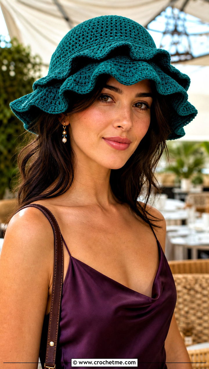 Layered Ruffle Crochet Bucket Hat With Slip Dress - 25 Crochet Bucket Hat With Ruffles outfit ideas