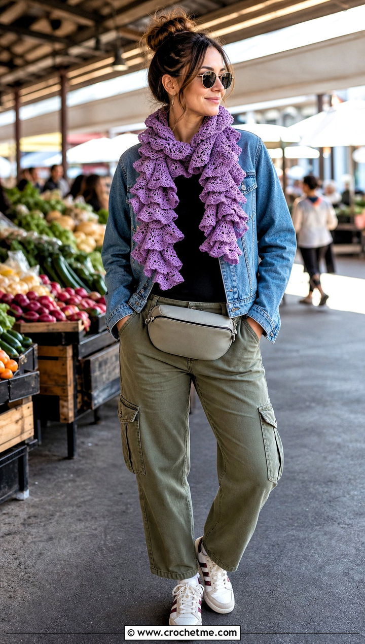 Layered Ruffle Scarf With Denim Jacket And Cargo Pants - 30 crochet ruffle scarf outfit ideas