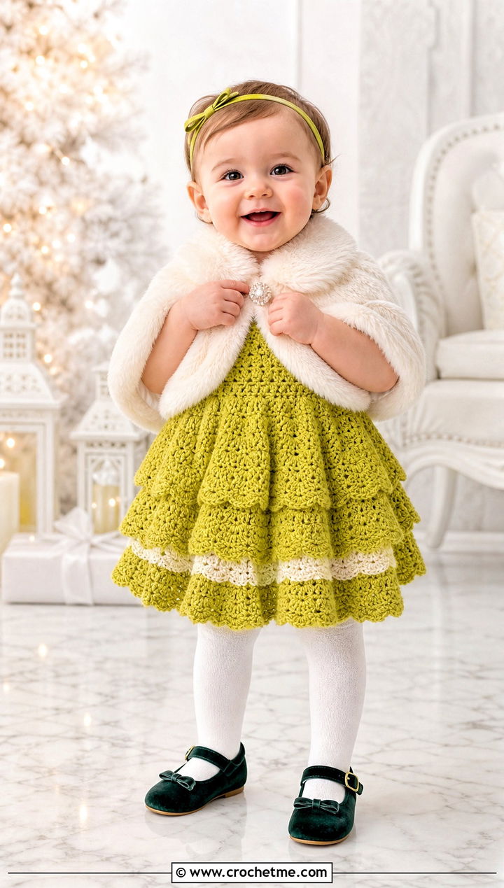 Layered Skirt Crochet Baptism Dress With Faux Fur Capelet - 15 crochet baptism dress outfit ideas