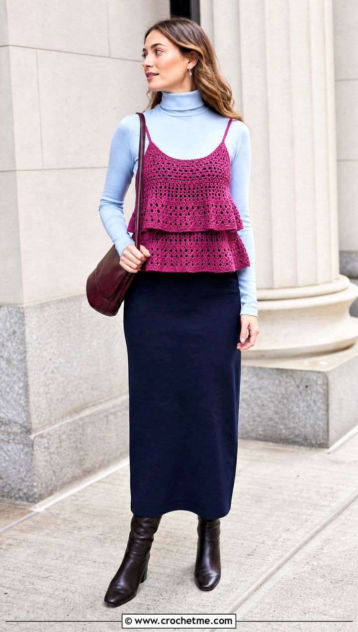 Layered Sonja Cami With Turtleneck And Maxi Skirt - 15 Crochet Sonja Cami outfit ideas