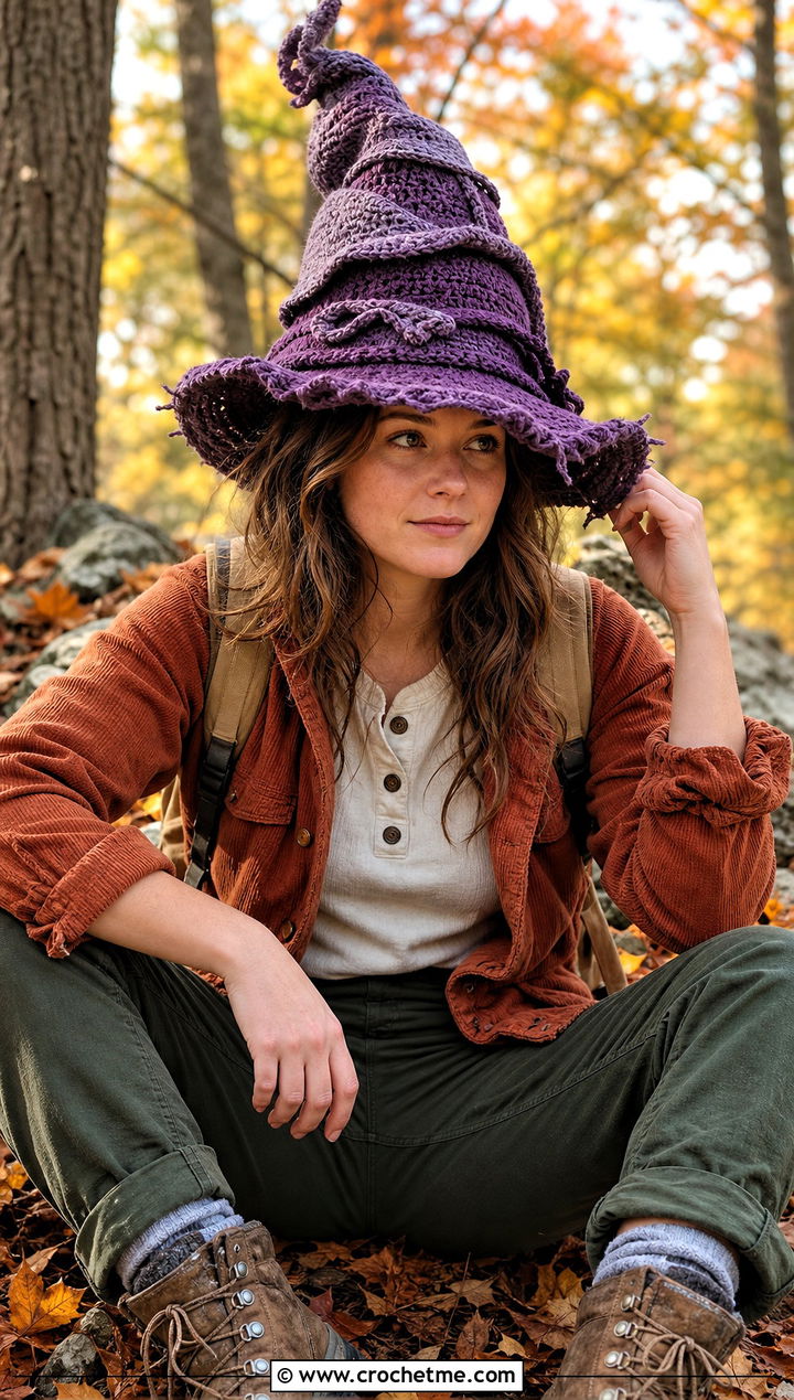 Layered Woodland Crochet Sorting Hat With Corduroy - 35 crochet sorting hat outfit ideas