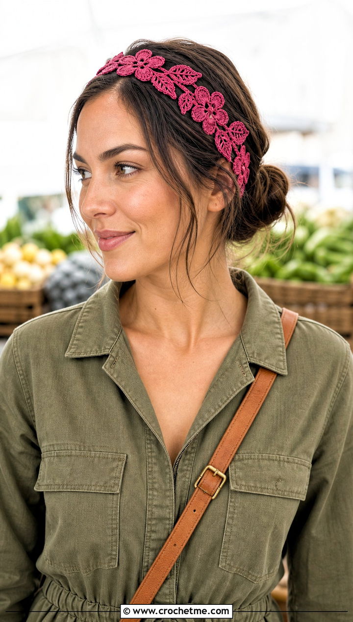 Leaf And Flower Lace Crochet Headband With Utility Jumpsuit - 15 crochet flower headband on lace background outfit ideas