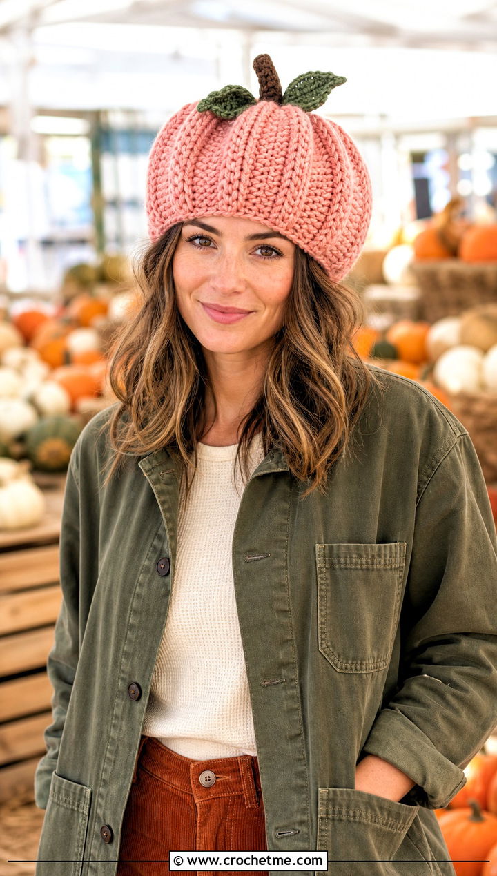 Leaf And Stem Crochet Pumpkin Beanie With Chore Jacket - 30 crochet pumpkin beanie outfit ideas