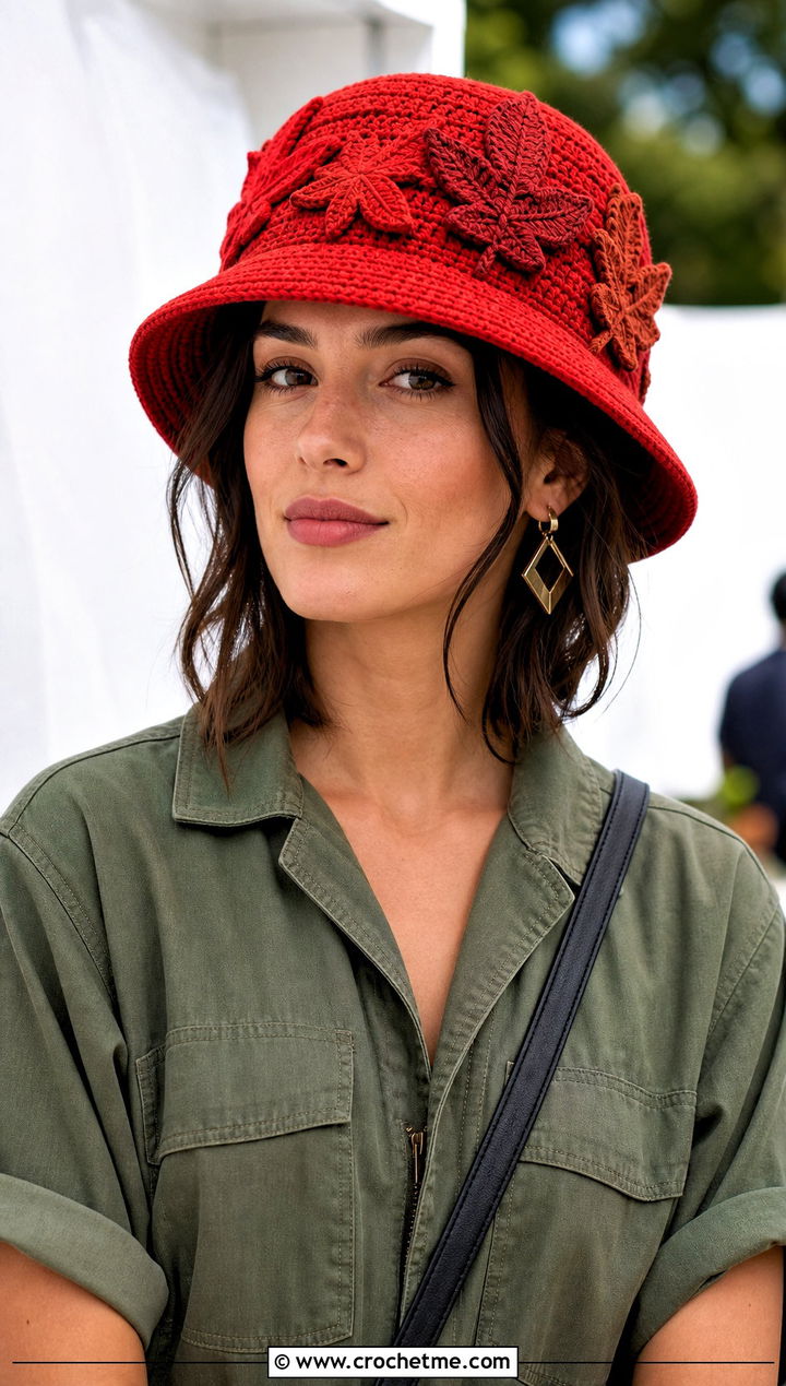 Leaf Applique Bucket Hat With Utility Jumpsuit - 25 Crochet Leaf Hat outfit ideas