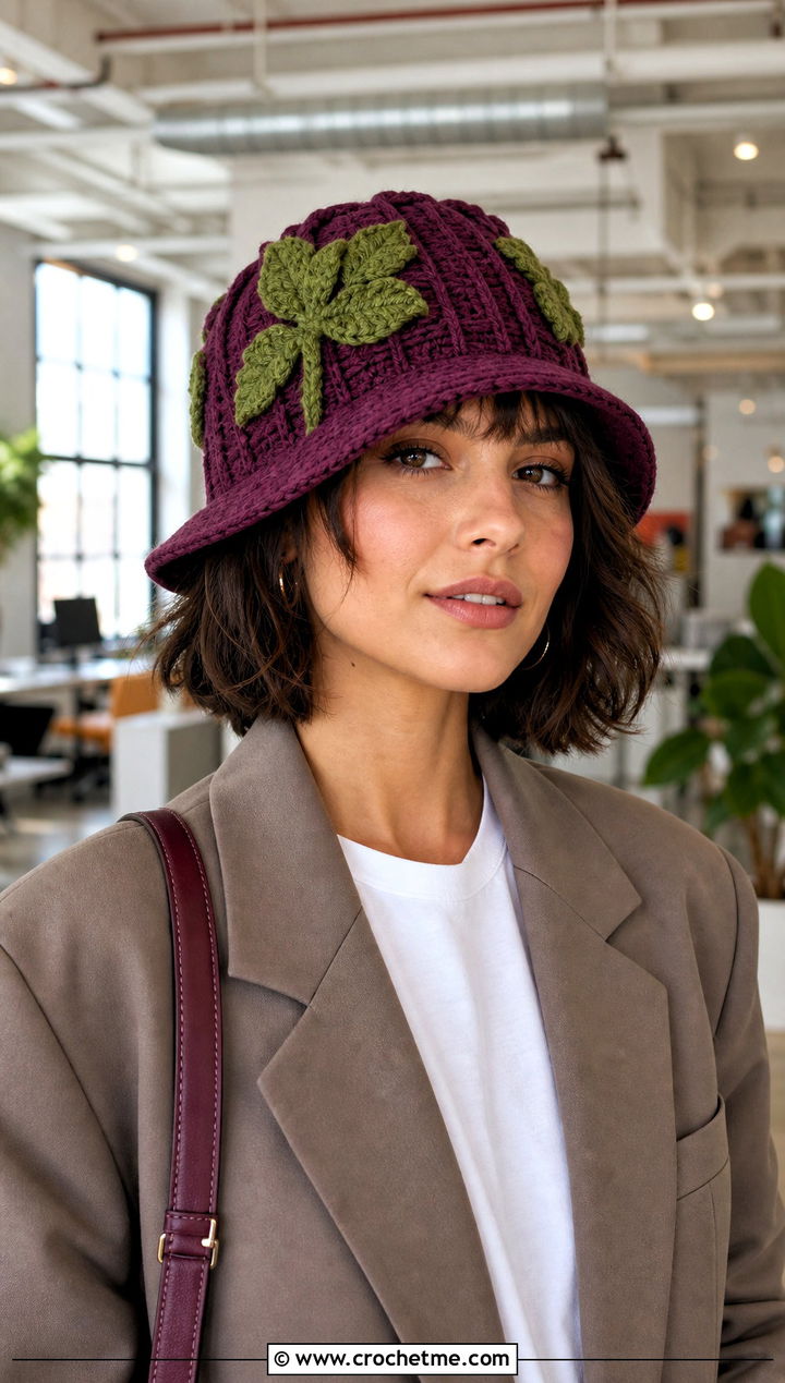 Leaf Applique Pumpkin Bucket Hat With Blazer - 30 crochet pumpkin bucket hat outfit ideas