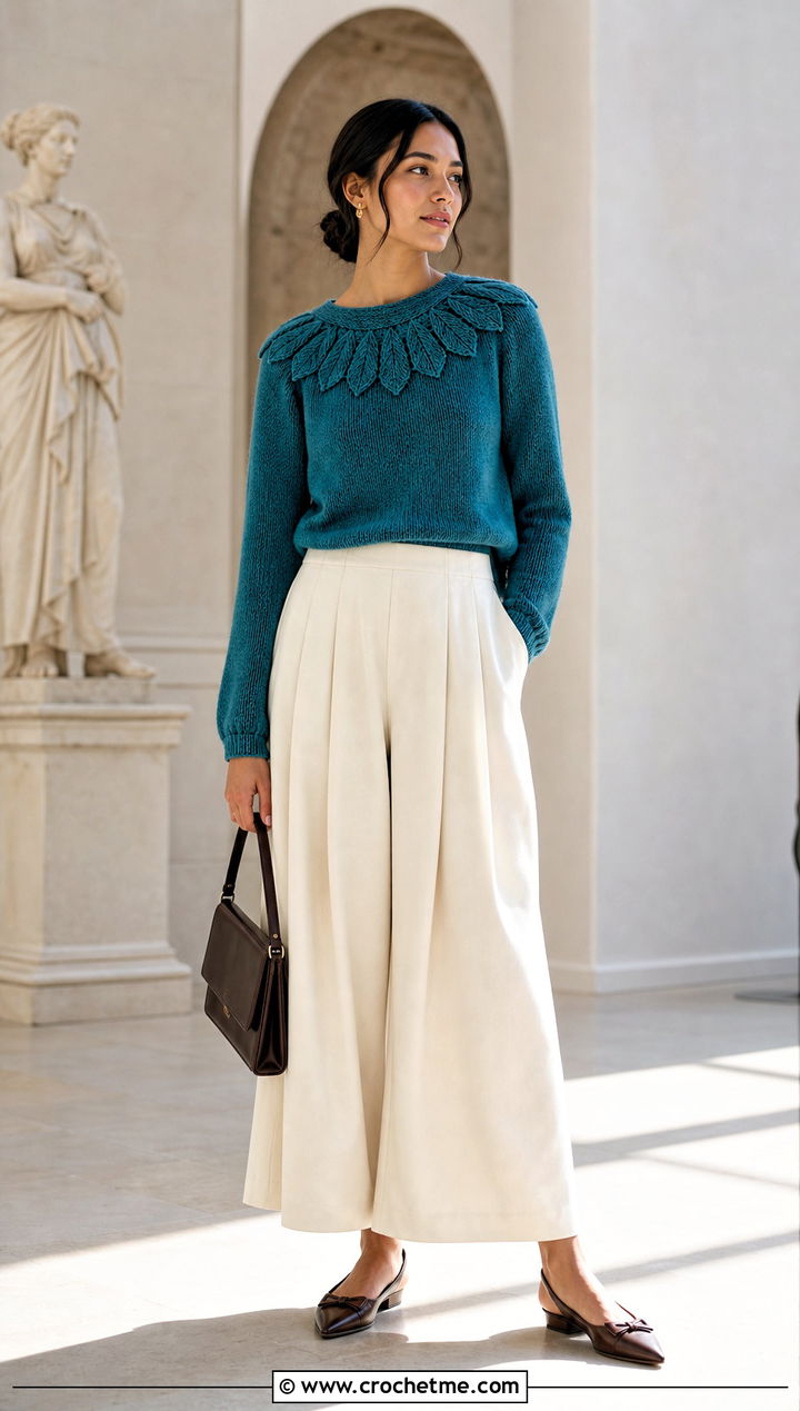 Leaf Collar Crochet Sweater With Wide Leg Culottes - 25 crochet leaf sweater outfit ideas