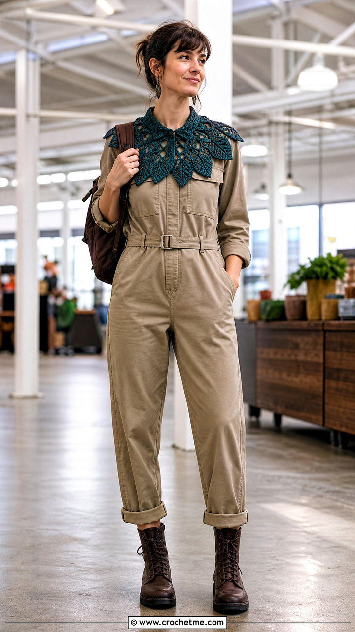 Leaf Crochet Collar With Utility Jumpsuit - 35 crochet collars outfit ideas
