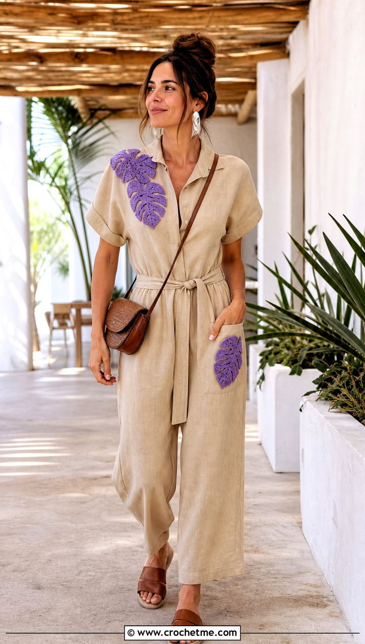 Leaf Crochet Patch Linen Jumpsuit Outfit - 30 crochet patches on clothes and outfit ideas