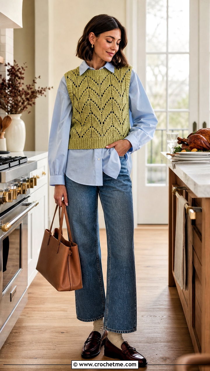Leaf Crochet Sweater Vest With Poplin Shirt And Jeans - 25 Crochet Thanksgiving Sweater outfit ideas