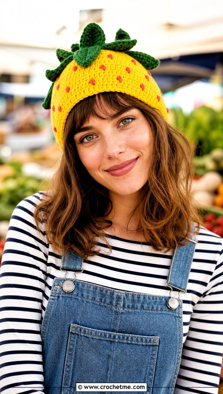 Leaf Crown Strawberry Beanie With Denim Overalls - 30 Crochet Strawberry Beanie outfit ideas