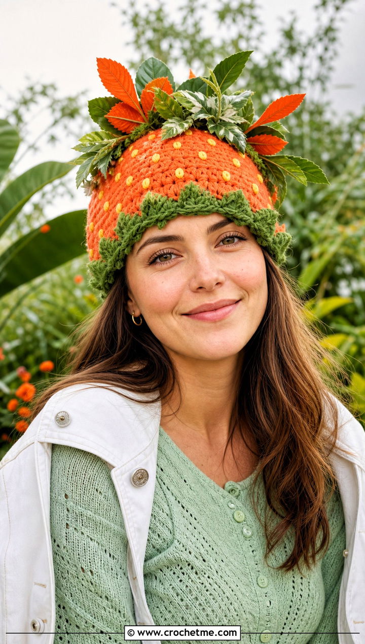 Leaf Crown Strawberry Crochet Hat With White Denim - 30 strawberry crochet hat outfit ideas