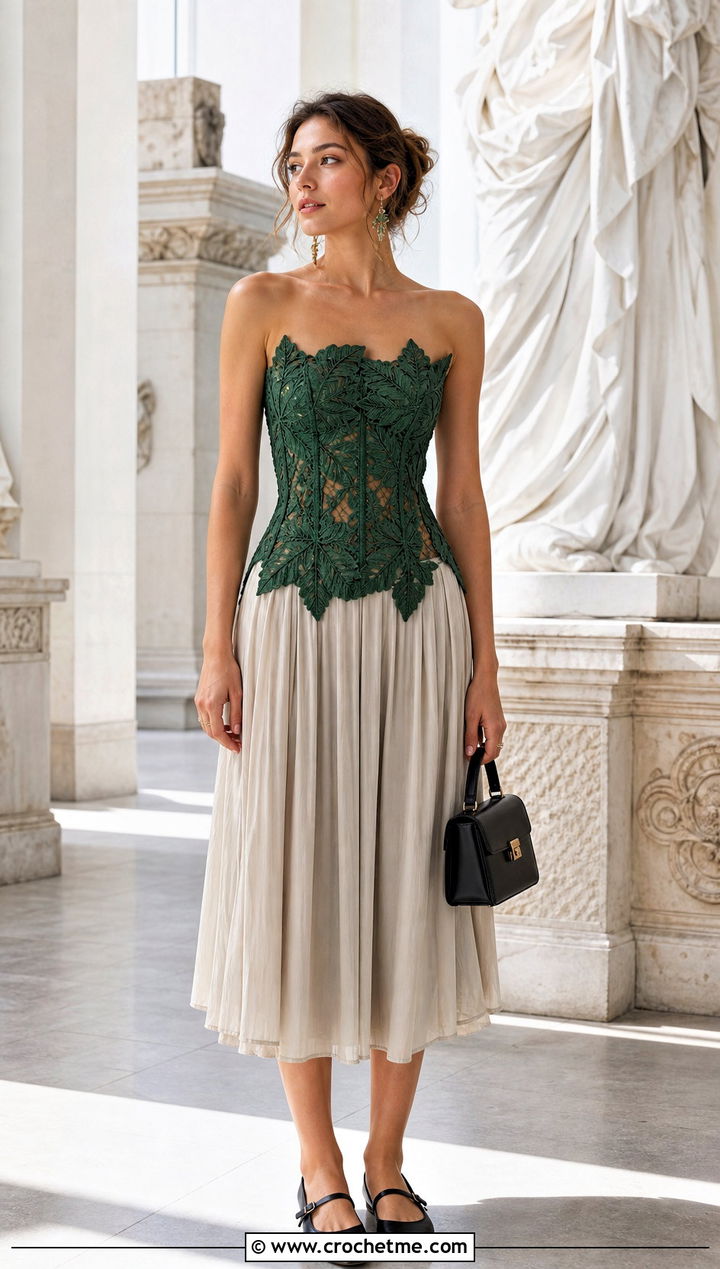 Leaf Lace Crochet Corset Top With Midi Skirt - 25 Fairy Core Crochet Outfits ideas