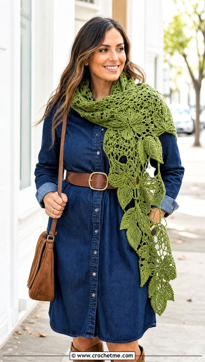 Leaf Lace Crochet Scarf With Denim Dress And Knee High Boots - 15 Lacy Green Crochet Scarf outfit ideas