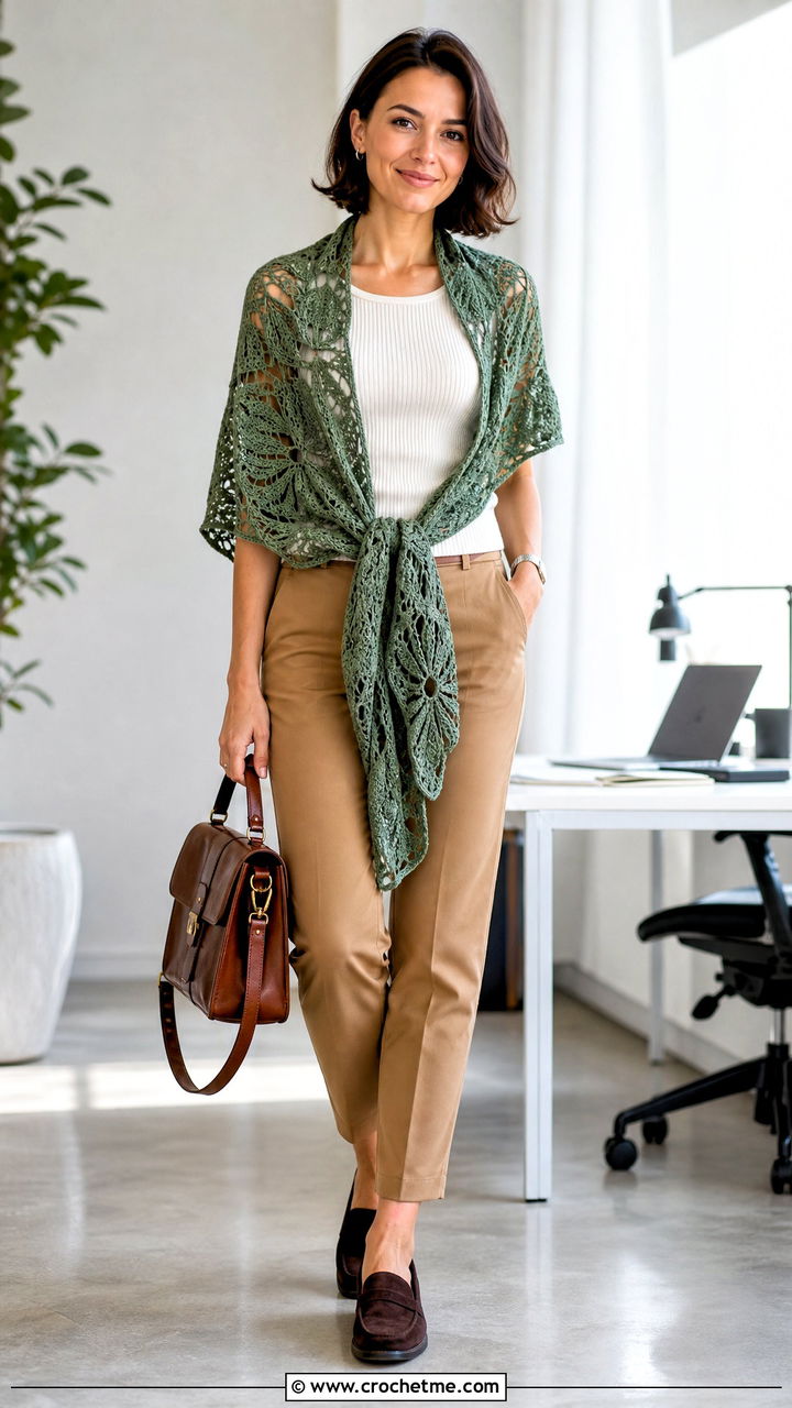 Leaf Lace Crochet Shawl With Ribbed Top And Chinos - 35 lacy crochet shawl outfit ideas