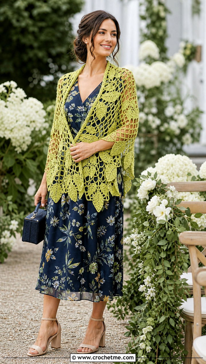 Leaf Lace Wedding Shawl With Botanical Print Dress - 35 crochet wedding shawl outfit ideas