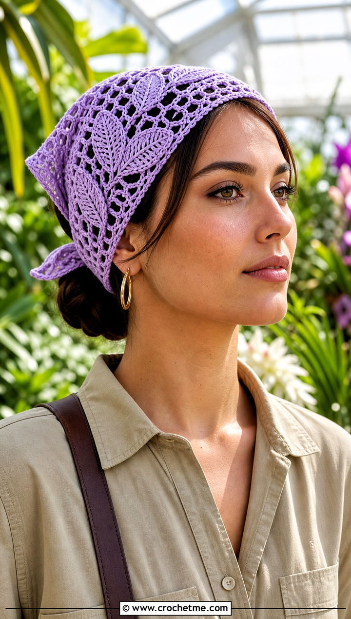 Leaf Motif Crochet Bandana With Safari Shirt Dress - 25 crochet bandana hair scarf outfit ideas