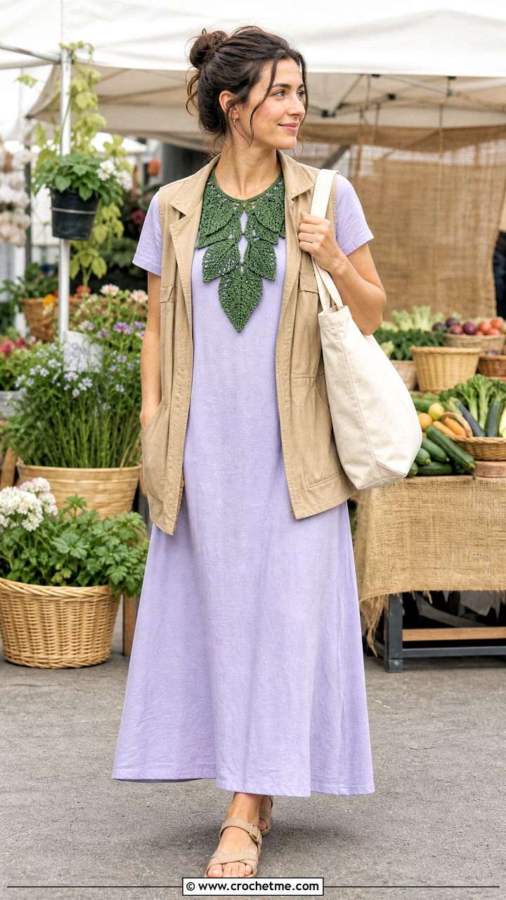 Leaf Motif Crochet Collar With Utility Vest And Maxi Dress - 35 crochet collar outfit ideas