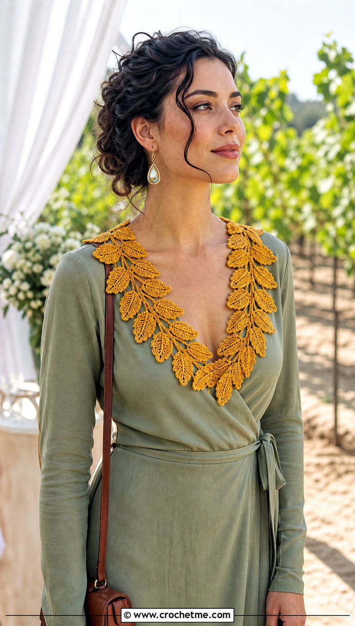 Leaf Motif Crochet Collar With Wrap Dress - 15 Crochet Collar For Wedding outfit ideas